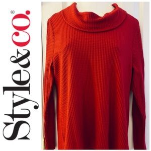 Style & Co sz L Pullover Cowl, high/low, red, waffle texture, cuff ribbing, EUC